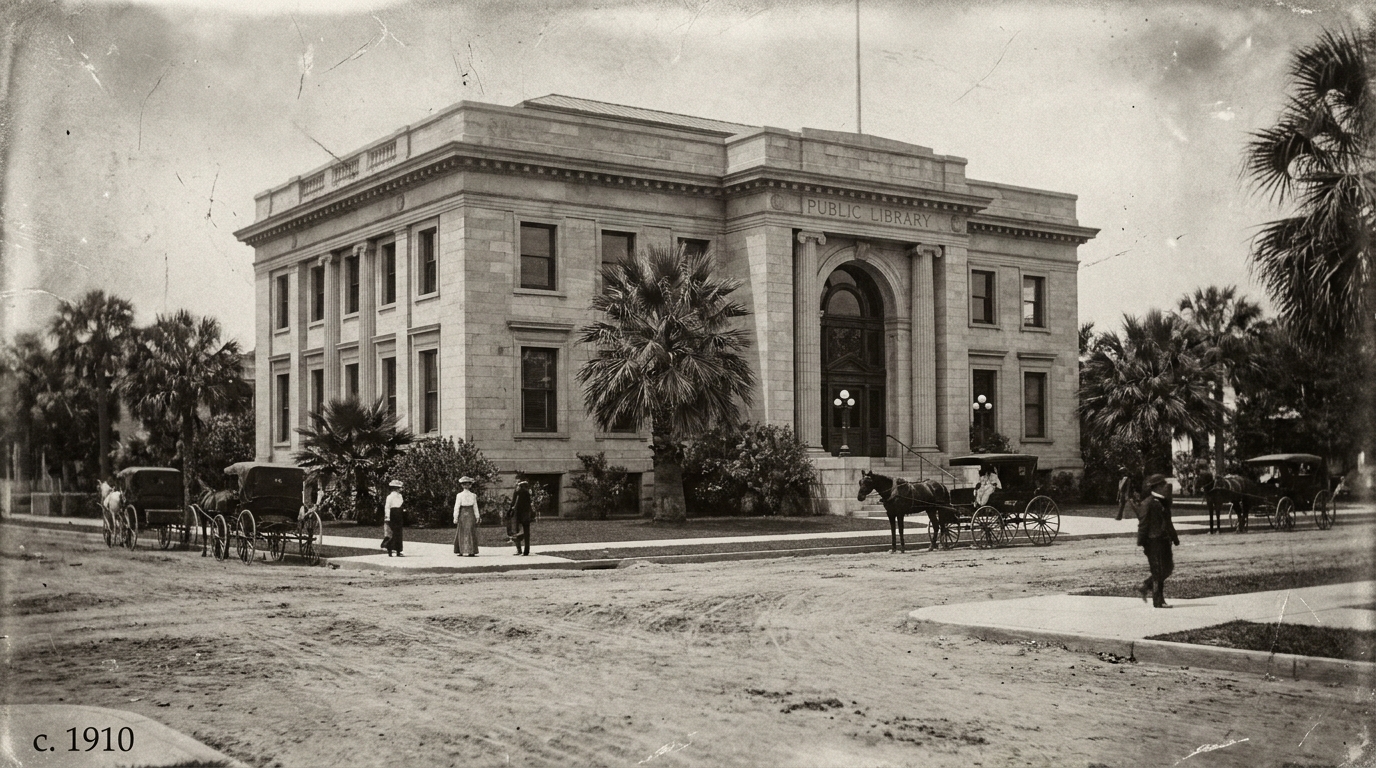 Early Carnegie library building in South Pasadena around 1910