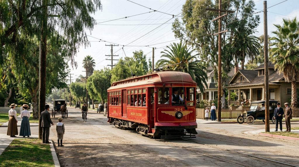 Historical reconstruction illustrating South Pasadena Red Car history and early Pacific Electric railway transportation