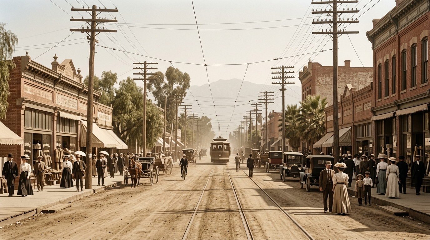 Historical reconstruction of a South Pasadena commercial street during the early electric railway era