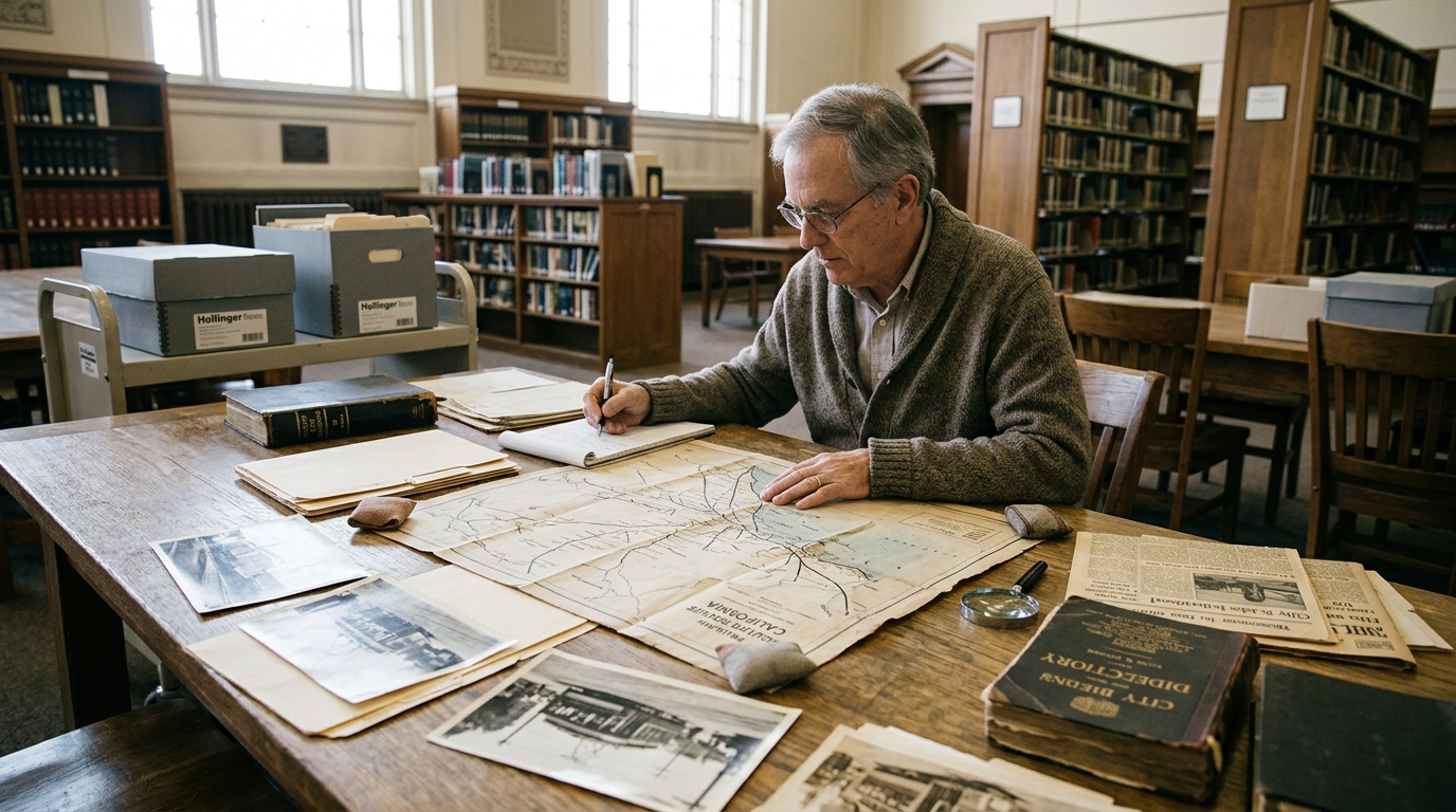 Researcher studying historic maps and Pacific Electric railway photographs to document South Pasadena transportation history